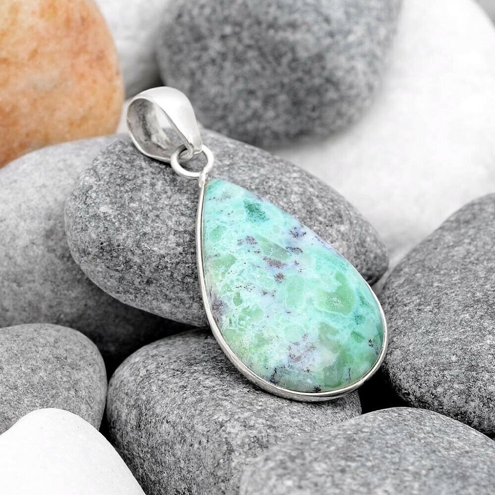 Natural Aquaprase 925 Solid Sterling Silver Pendant